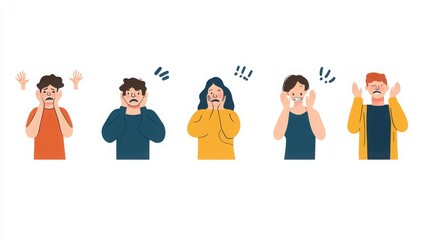Characters in a minimalist style, each showcasing a different emotional state like frustration, relief, or confusion, white background 