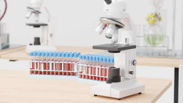 Medical blood testing at laboratory, microscope, vials of blood, sterile environment, medicine research of genome, blood diseases, donation