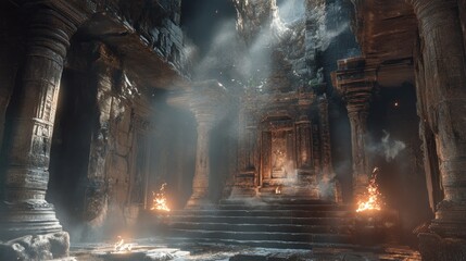 Ancient Temple Ruins With Flames and Light Beams