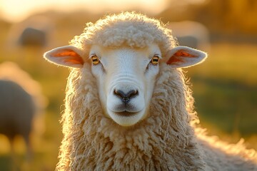Sheep posing with golden fleece at sunset in the countryside