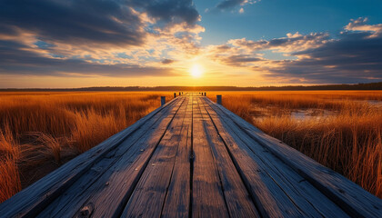 Fototapeta premium A dramatic landscape featuring a weathered wooden pier stretching into a vast marshland under 