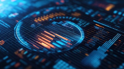 Data analysis for market trends in AI, top view, ensuring accuracy and actionable insights for strategic decisions, presented in an advanced tone with a split-complementary color scheme.