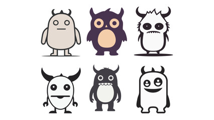 set of cute monster illustrations, set of funny cartoon monster shapes silhouettes