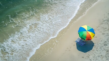 Obraz premium A serene beach scene with gentle waves lapping at the shore, featuring a colorful beach umbrella and a towel spread out on the sand