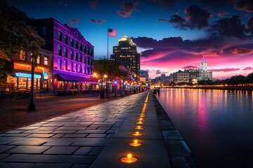 Savannah Nightlife visualized in a vibrant infographic, showcasing bars, live music venues, and riverfront nightlife hotspots