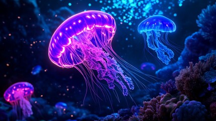 Obraz premium Glowing Jellyfish in Vibrant Underwater Scene