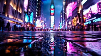 Obraz premium Night Cityscape with Neon Lights and Reflection in Puddles