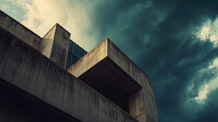 Fototapeta premium Neo Brutalist Architecture: Sharp Angles Against a Dramatic Sky 1