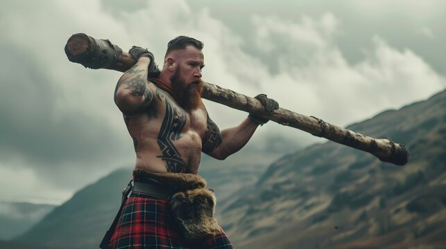 Strongman Competing in Highland Games with a Caber Toss