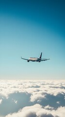 An airplane flying high above the clouds, symbolizing the adventure of international travel, against a clear blue sky