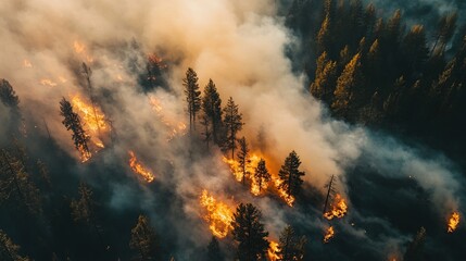Aerial survey of a wildfire area, smoke plumes rising from burning trees, firefighters in action