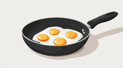 Fried eggs in a black pan on white background, breakfast concept