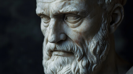 Obraz premium Greek sculpture of an old stoic man, roman god statue, concept background for stoicism
