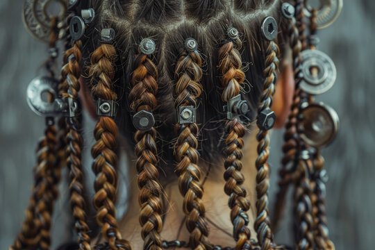 A woman with dreadlocks has a lot of beads on her head