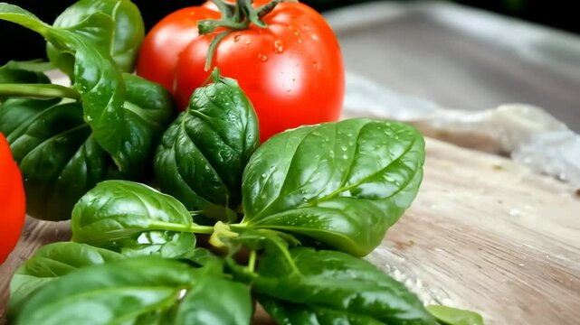 The camera slowly zooms in on a rustic wooden table set with fresh ingredients like tomatoes, basil, and garlic under natural light

.