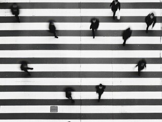 A bustling city intersection with blurred motion from passing cars and pedestrians, in high-contrast black and white city intersection, street photography, monochrome