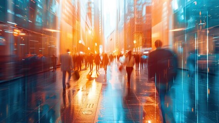 abstract motion blur image of business people crowd walking at corporate office in city downtown, blurred background, business center concept