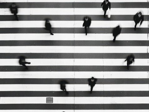 Fototapeta A bustling city intersection with blurred motion from passing cars and pedestrians, in high-contrast black and white city intersection, street photography, monochrome