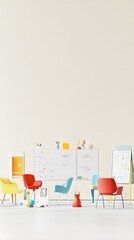 Obraz premium A contemporary office environment displaying a collaborative workspace with whiteboards and colorful furniture, highlighted by a light solid color background