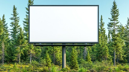 A blank billboard in a forest setting, surrounded by lush greenery. Ideal for advertising concepts or empty space.