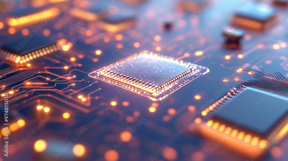 Poster close-up of a modern microchip on a circuit board, showcasing intricate designs and glowing connecti