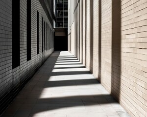 A narrow alleyway between tall buildings, shadows cast in geometric patterns in the midday sun alleyway, urban, monochrome street photography