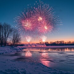 Fireworks illuminate a frozen lake at sunset in winter.