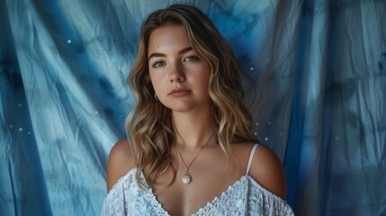 Fototapeta premium portrait of beautiful woman with blue curtain type background