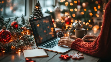 workspace in a modern office, decorated subtly for Christmas. The scene shows a laptop, a notebook, a cup of coffee, and a pair of hands typing