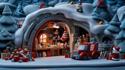 Naklejka premium Christmas Elf Workshop Winter Wonderland Toy Scene