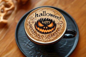 Halloween coffee latte art featuring a scary pumpkin face