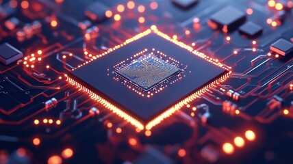 Close-up view of a modern computer chip with glowing circuitry, showcasing intricate technology and digital innovation.