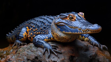 Fototapeta premium A colorful crocodilian resting on a rock, showcasing its vibrant scales.