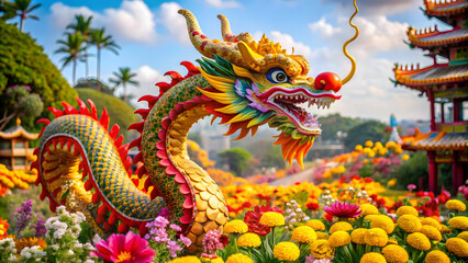 Fototapeta premium Symbolic dragon statue surrounded by colorful flora, representing Chinese culture.