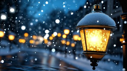 Snowy Night Street Lamp with Bokeh Lights
