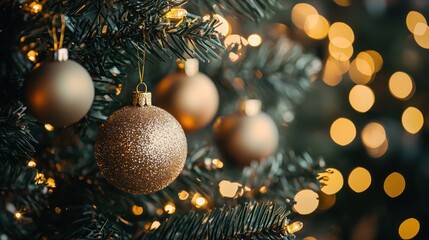 Shiny Christmas baubles hanging on a tree with blurred festive lights