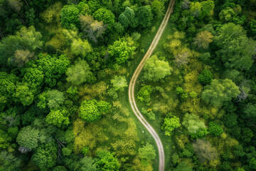 A winding road through a forest with trees and yellow flowers
