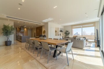 Fototapeta premium A large, open room with a wooden floor and a large table in the center,generative ai image