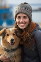 Young attractive woman sitting at the pier with her dog. Hugging and stroke lovely pet. Generative AI.