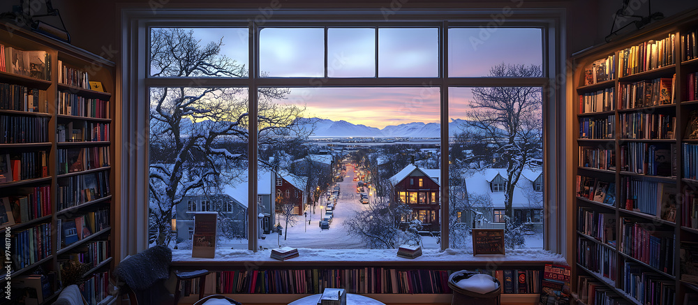 Poster a window view of a snowy town with a library in the background