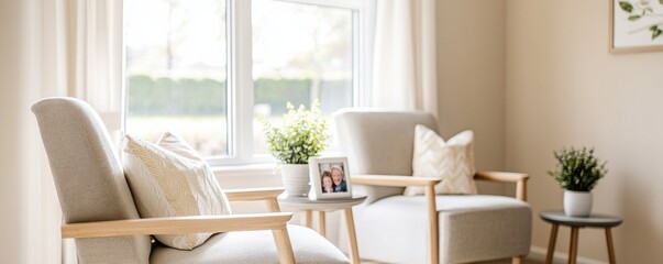 Cozy living space featuring two stylish chairs, natural light, soft decor, and inviting ambiance for relaxation and comfort.