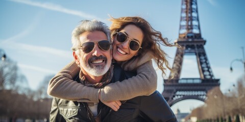 Mature couple showing love near eiffel tower.  Paris the city of love. Generative AI.