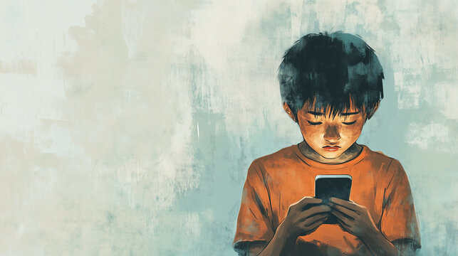 An illustration of a teenager staring fixated at their phone, with a serious expression. Blank space for copy or text, landscape ratio 16:9