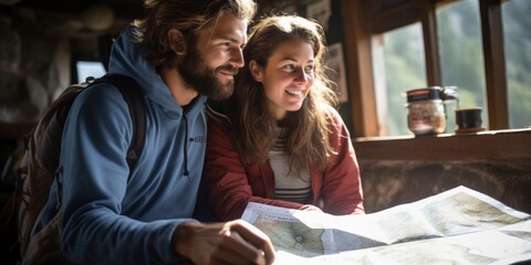Couple on balcony of a mountain hut, smiling. Generative AI.