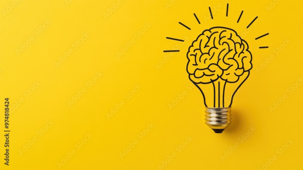 Wall mural creative concept of a light bulb with a brain, symbolizing ideas and innovation on a bright yellow b