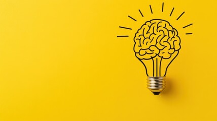 Creative concept of a light bulb with a brain, symbolizing ideas and innovation on a bright yellow background.