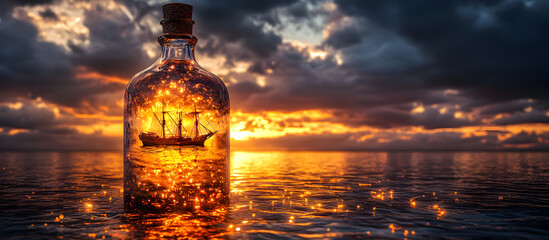 A bottle of liquid with a ship inside of it is floating in the ocean