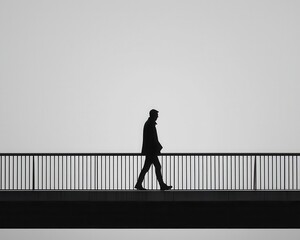 A solitary figure walking across a pedestrian bridge, silhouetted against the sky in gritty monochrome pedestrian bridge, urban, street photography monochrome