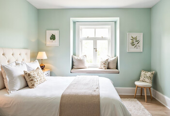 Luxury bedroom interior with window seat area rug and green walls