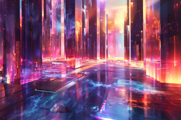Fototapeta premium A futuristic cityscape with neon lights and a blue sky